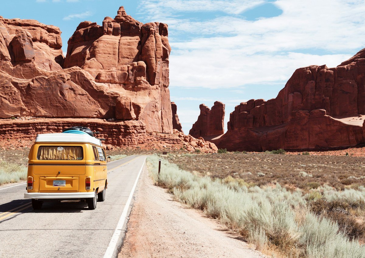Camper van on a scenic desert road